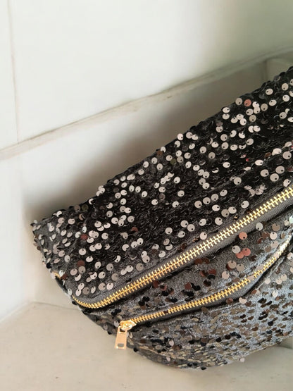 Sac banane XXL tissu velours noir à sequins noirs deux poches