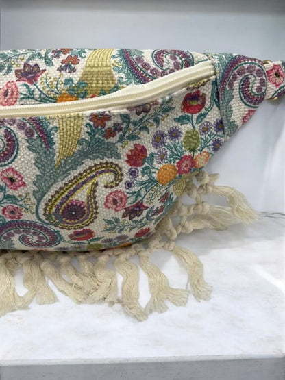 Sac Banane XL Bandoulière textile style Bohème Beige et imprimé floral