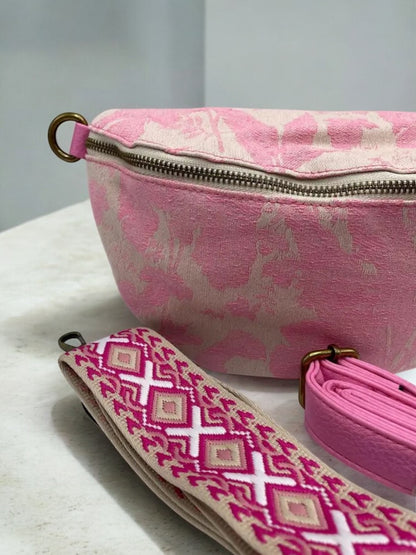 Sac banane tissu style toile de jouy rose creme - 2 sangles