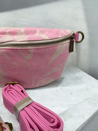 Sac banane tissu style toile de jouy rose creme - 2 sangles