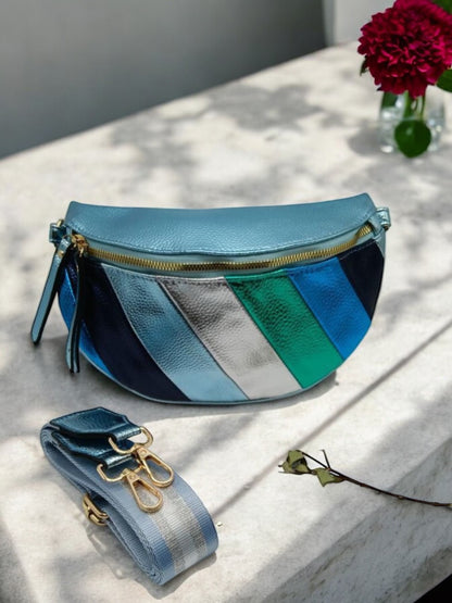 Sac banane simili cuir argenté bleu turquoise