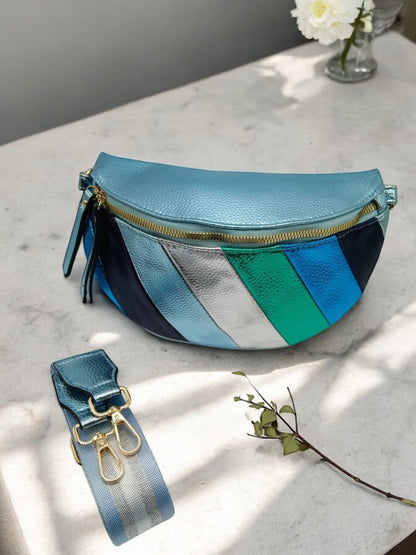 Sac banane simili cuir argenté bleu turquoise