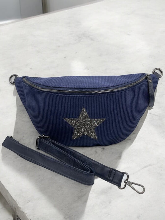 Sac banane bleu marine en velours côtelé avec étoile en strass