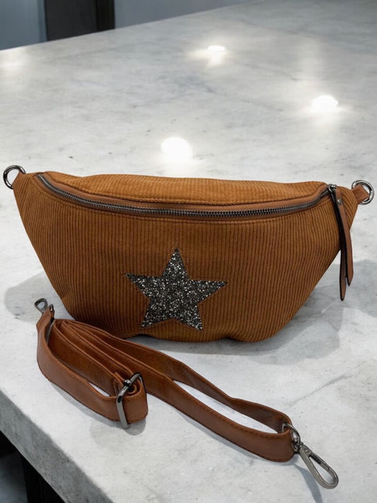 Sac banane camel en velours côtelé avec étoile en strass