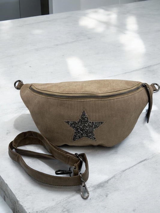 Sac banane taupe en velours côtelé avec étoile en strass