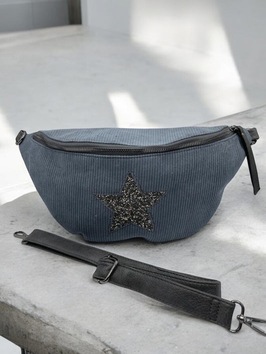 Sac banane bleu gris en velours côtelé avec étoile en strass