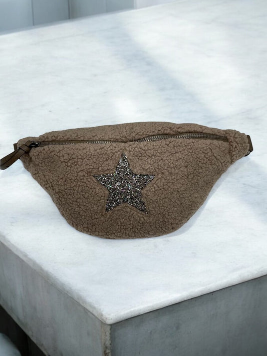 Sac banane peluche moumoute taupe avec étoile en strass