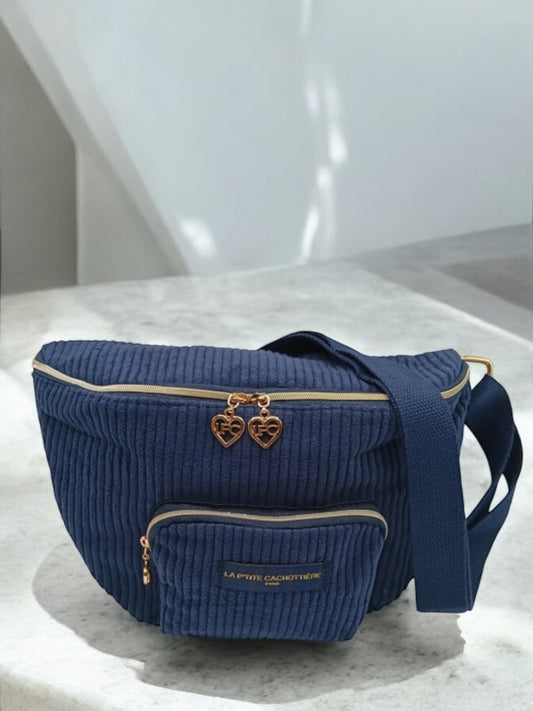 Sac banane 2 poches velours côtelé bleu marine « La Ptite cachottière »