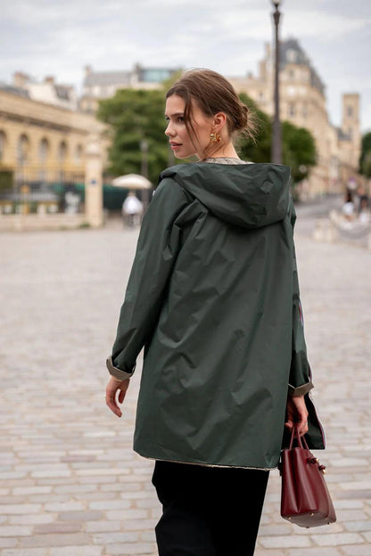 Imperméable réversible long sans garnissage ouate couleur vert forêt/doré marque Laura Jo