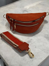 Sac banane velours côtelé 2 poches sangle fantaisie couleur Brique terracotta
