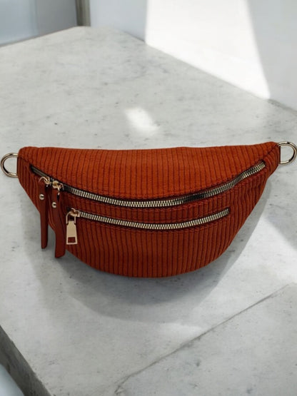 Sac banane velours côtelé 2 poches brique terracotta sangle fantaisie