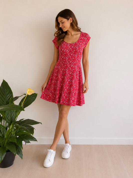 Robe fleurie rouge à manches courtes, imprimé ditsy, modèle court portée avec baskets blanches.