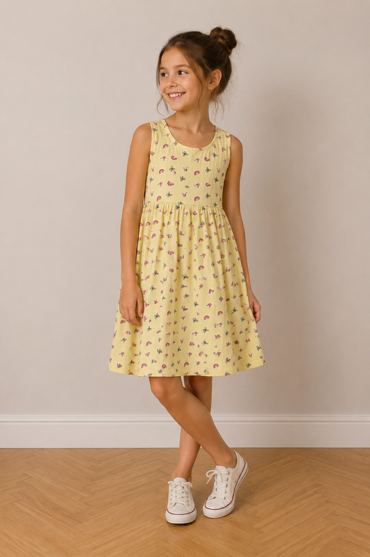 Robe enfant sans manches jaune citron, imprimé papillons et arcs-en-ciel, longueur au genou, modèle taille 8 ans, avec chaussures blanches.