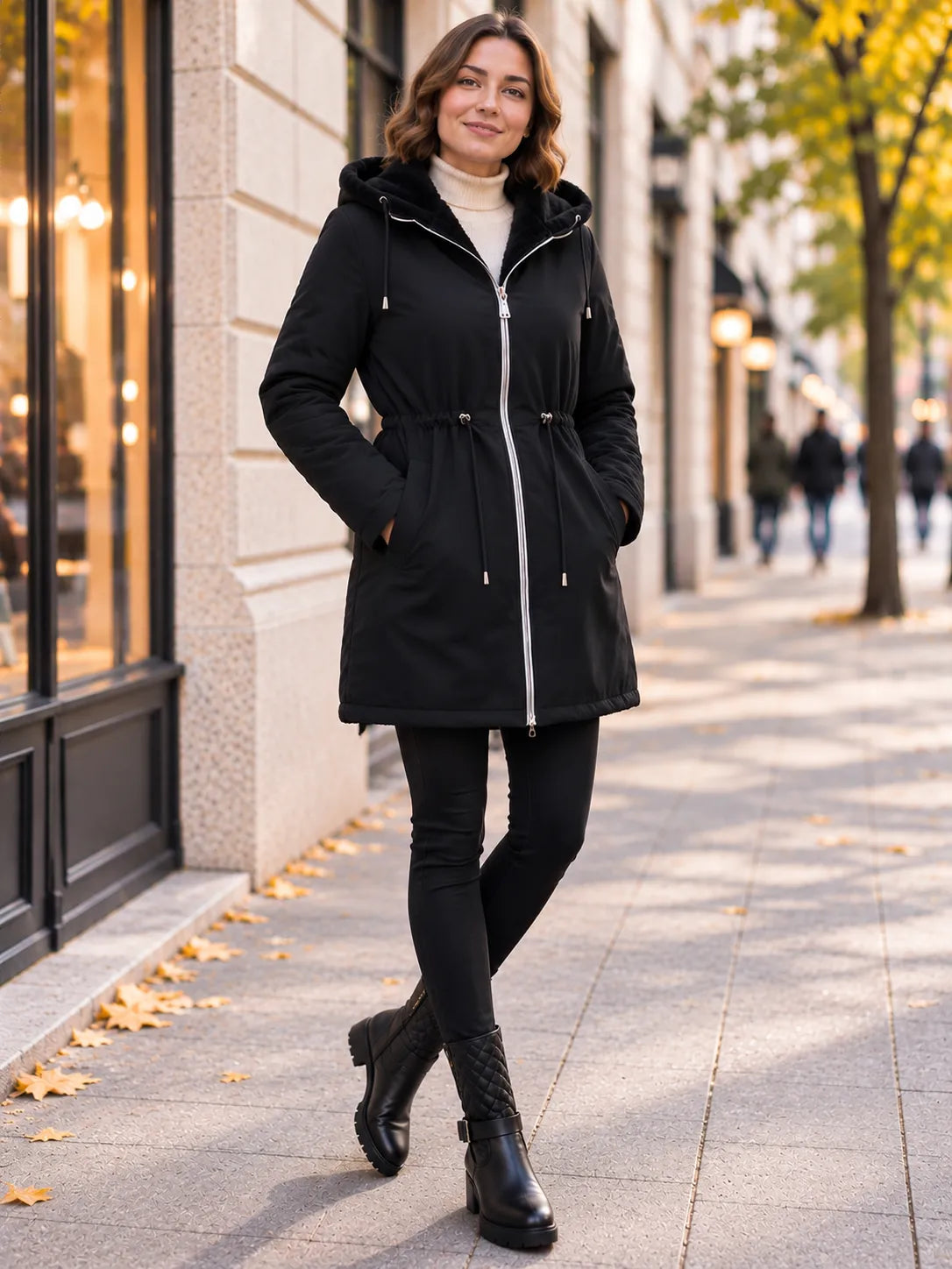 Manteau long réversible noir fourré femme