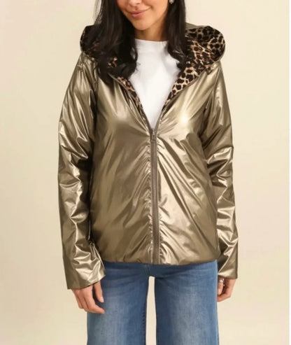 Parka Imperméable Réversible Femme Laura Jo - Court Bronze et Léopard avec Capuche