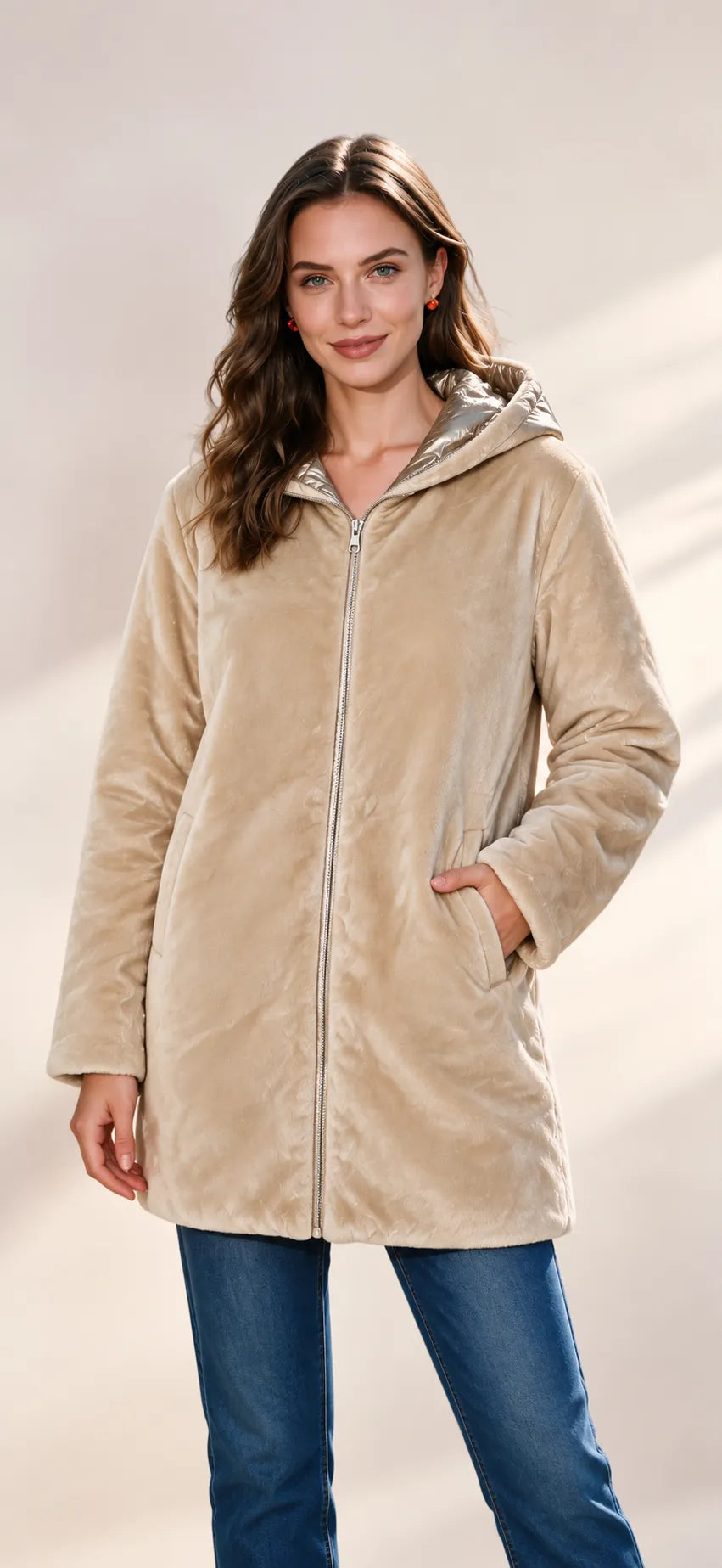 Manteau long réversible beige et doré femme