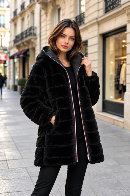 Manteau réversible entièrement fourré noir femme