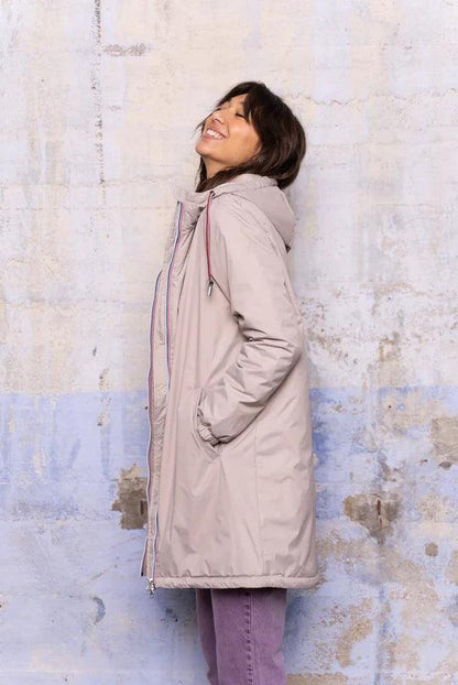 Laura Jo - Imperméable long doublé en fausse fourrure cordon tricolore couleur beige