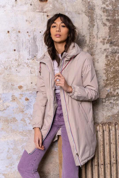 Laura Jo - Imperméable long doublé en fausse fourrure cordon tricolore couleur beige