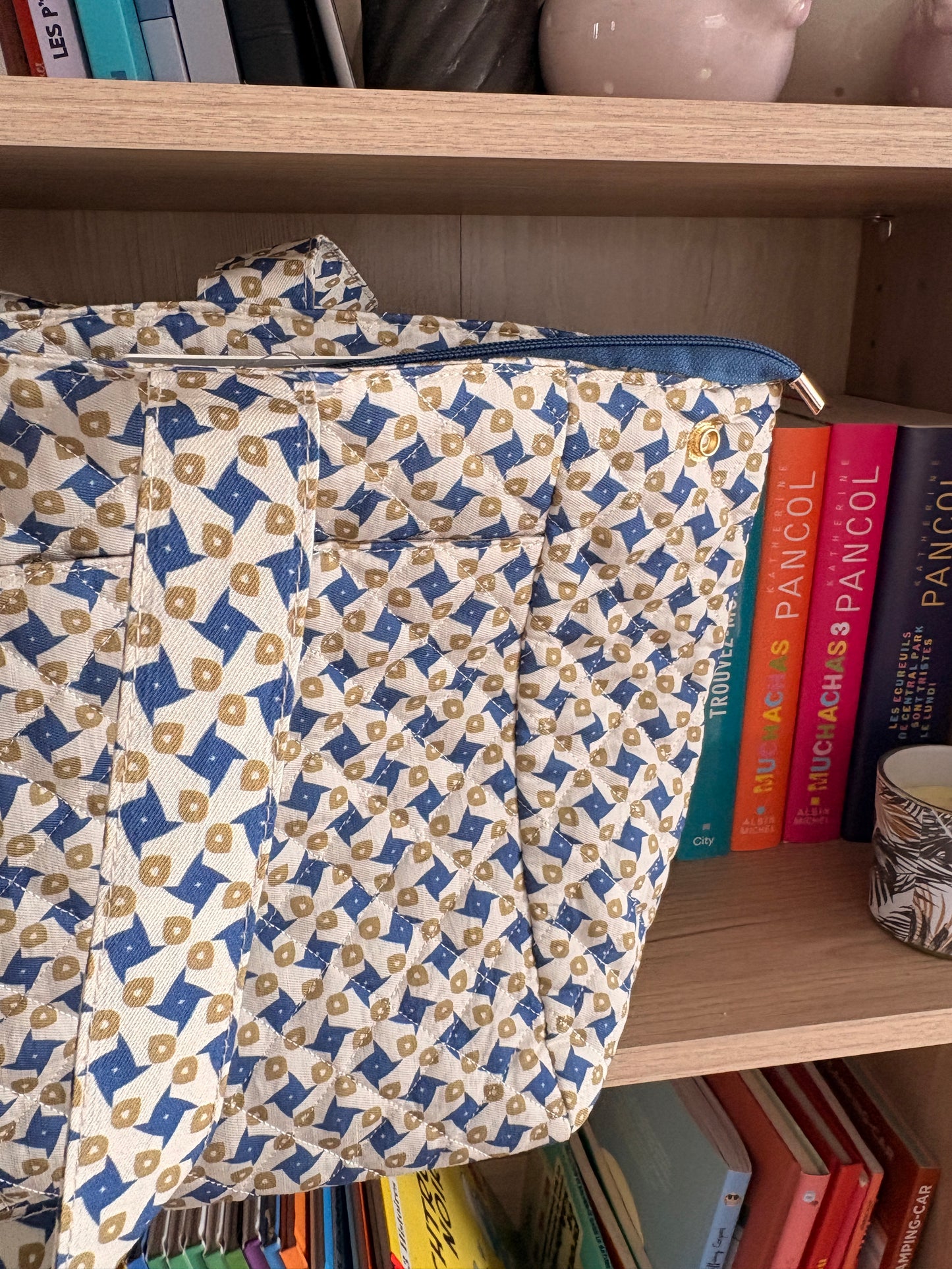 Sac Polochon Bleu Beige Motif Géométrique - Week-end Voyage