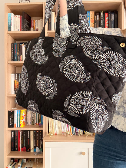 Sac Polochon Noir Motif Paisley Blanc - Week-end Voyage Femme