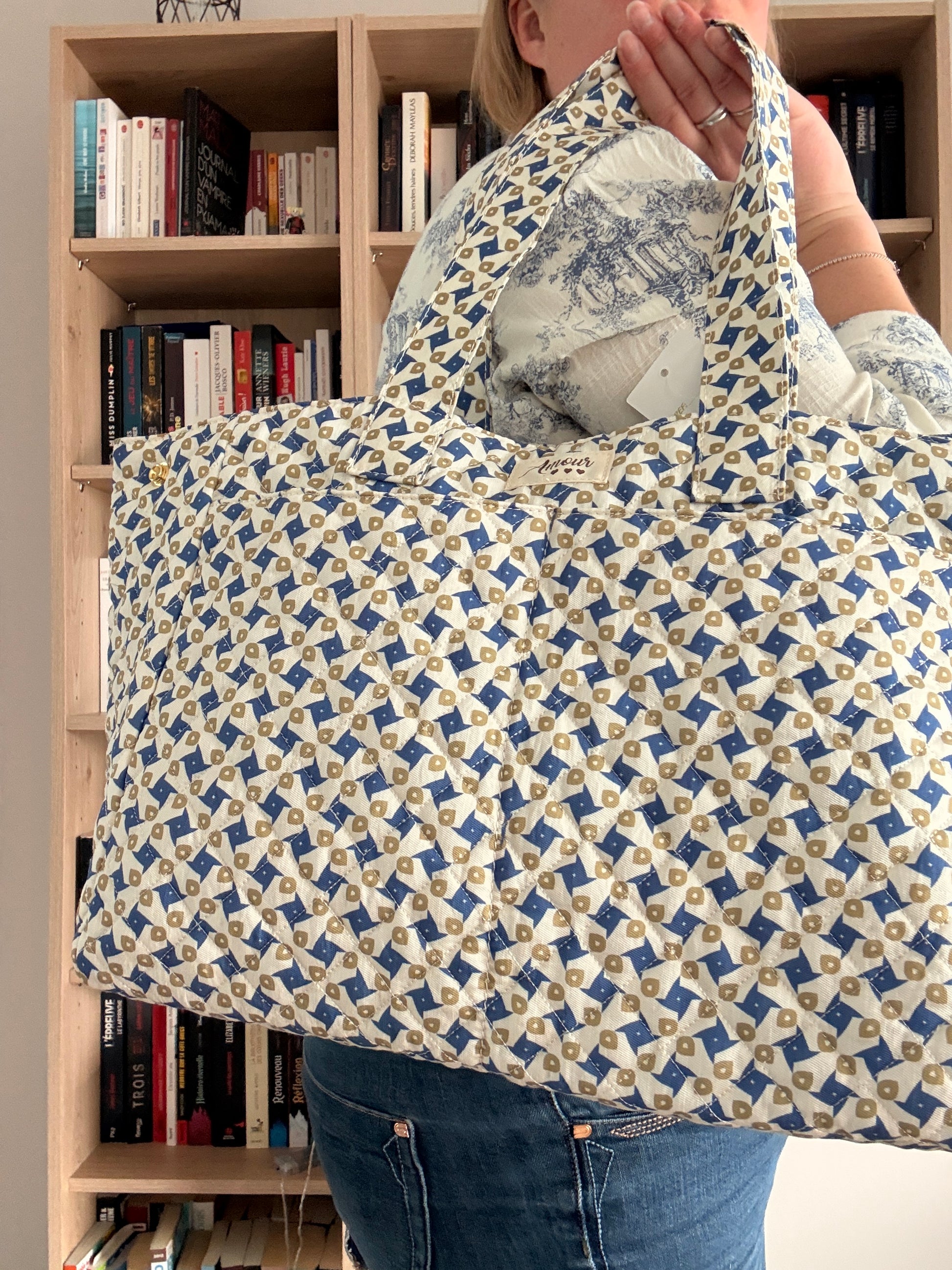 Sac Polochon Bleu Beige Motif Géométrique - Week-end Voyage