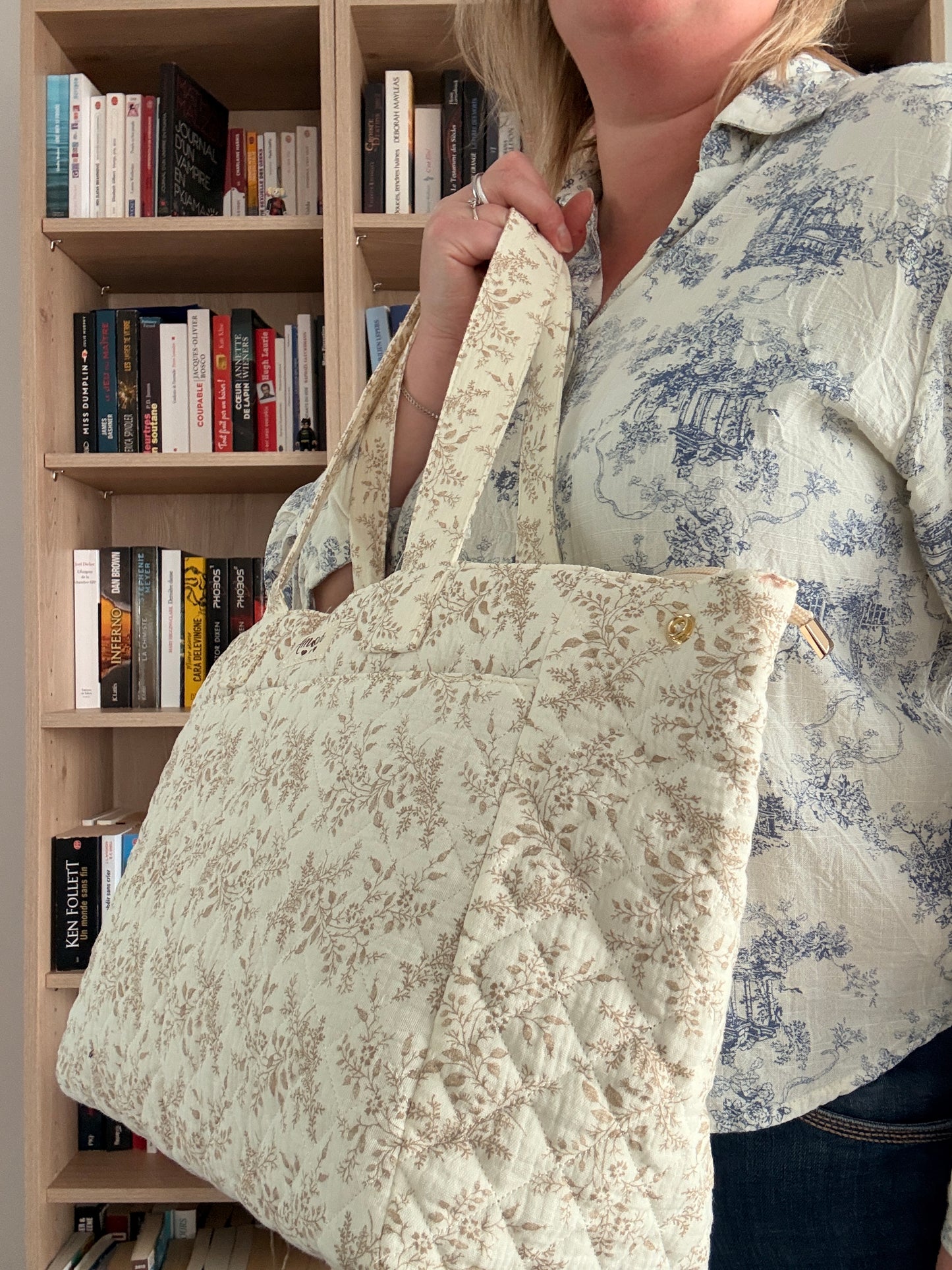 Sac Polochon Femme Écru Motif Floral Taupe - Coton Week-end Voyage