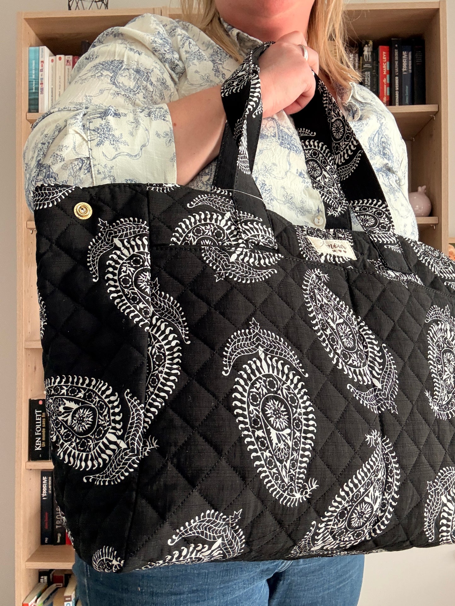 Sac Polochon Noir Motif Paisley Blanc - Week-end Voyage Femme