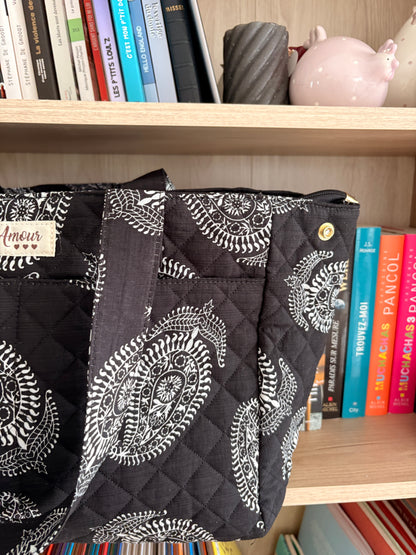 Sac Polochon Noir Motif Paisley Blanc - Week-end Voyage Femme