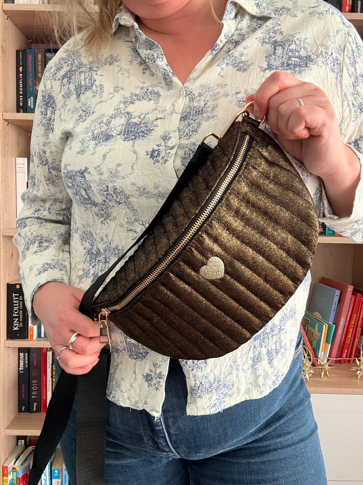 Sac Banane Femme Noir Doré Irisé - Tissu Texturé Relief