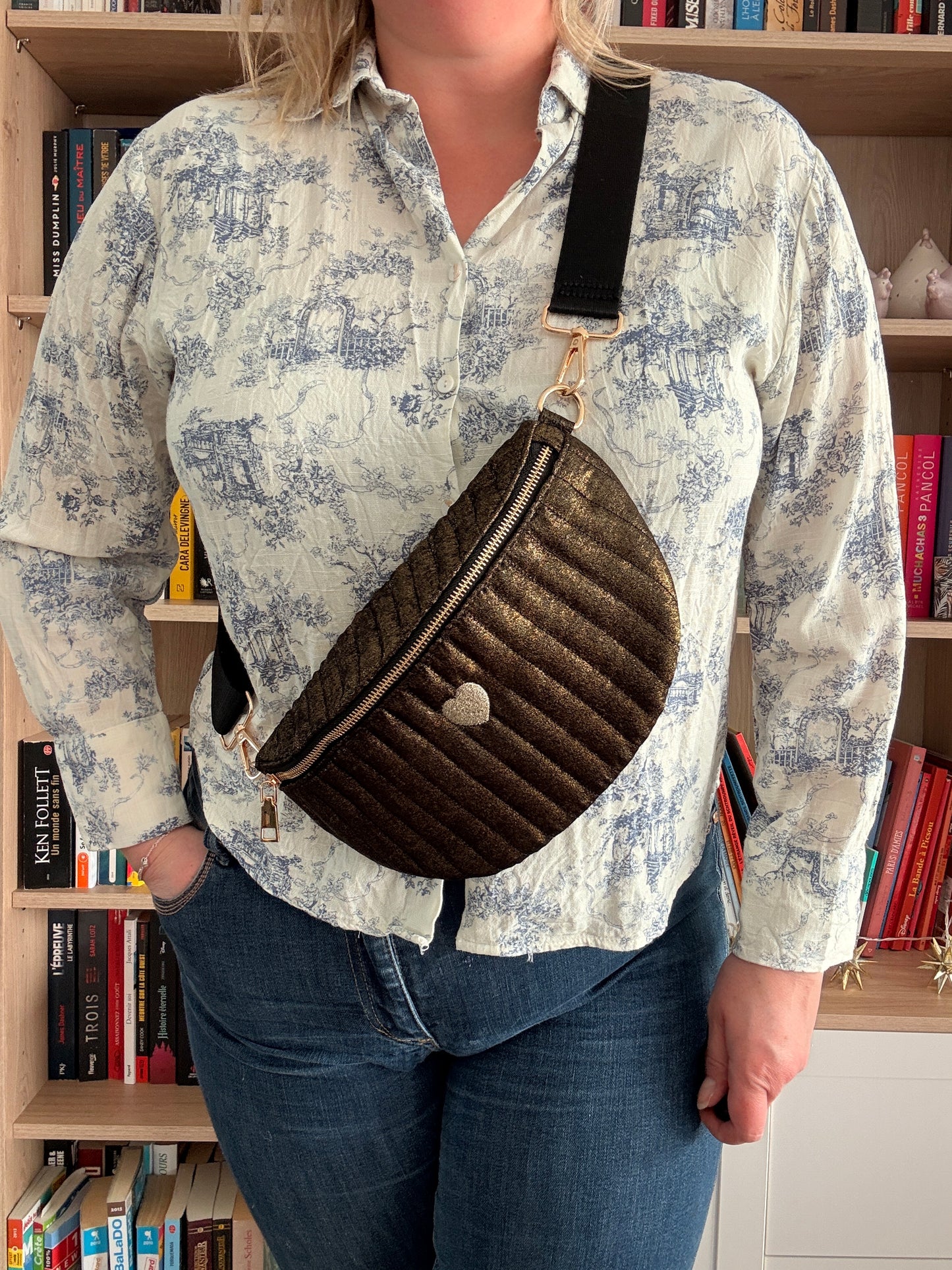 Sac Banane Femme Noir Doré Irisé - Tissu Texturé Relief