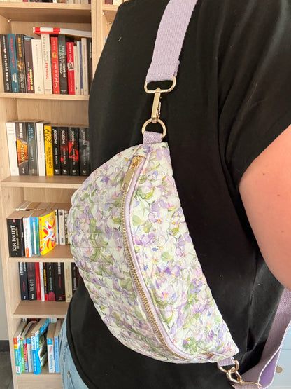 Sac Banane Fleuri Parme – Tissu Matelassé Blanc & Sangle Parme - CrossFit 