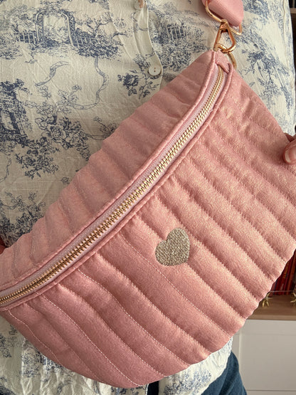 Sac Banane Rose Irisé Brillant - Texture Lumineuse Cœur Doré Femme