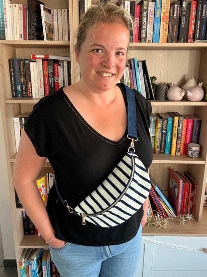 Sac Banane Tissu Rayé Marine & Blanc – Fermeture Dorée & Bandoulière Réglable - Très Tendance - Rayé 