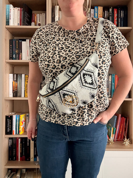 Sac Banane XL Femme Bohème - Tissu Blanc Motifs Ethniques Gris Noir