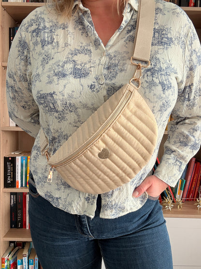 Sac Banane Écru Irisé - Texture Brillante Naturelle Cœur Doré Femme