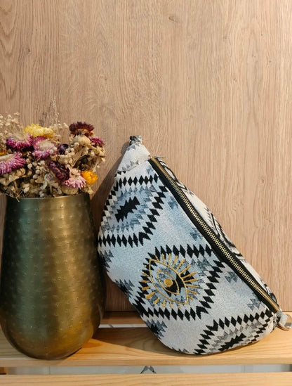 Sac Banane XL Femme Bohème - Tissu Blanc Motifs Ethniques Gris Noir