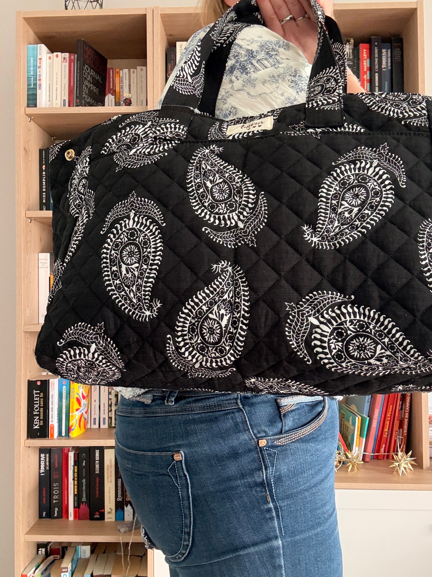 Sac Polochon Noir Motif Paisley Blanc - Week-end Voyage Femme