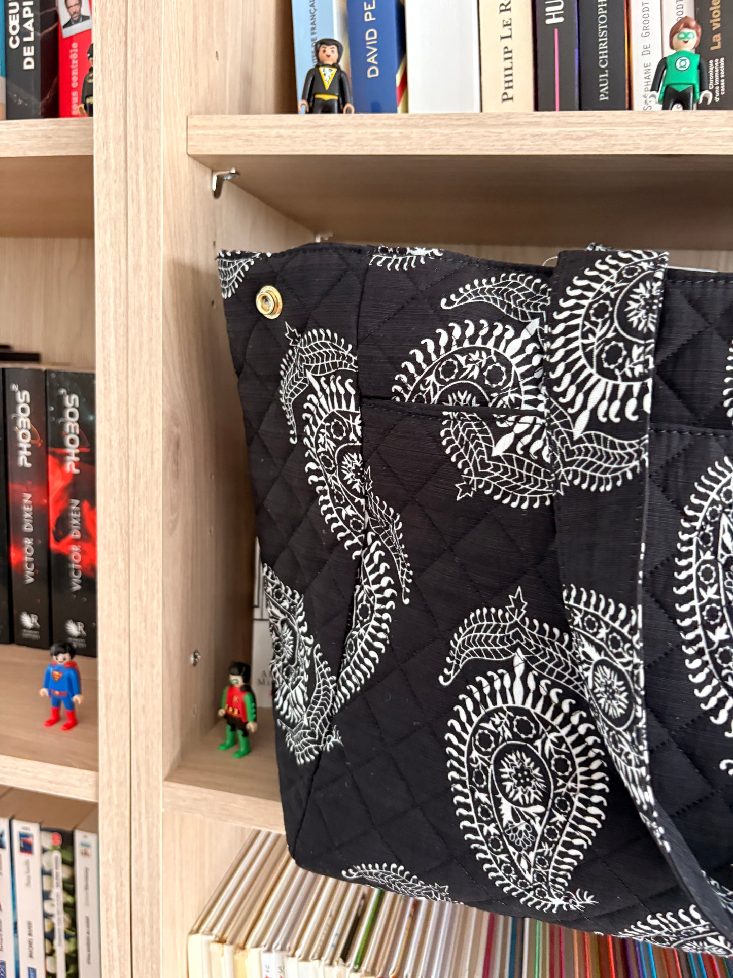 Sac Polochon Noir Motif Paisley Blanc - Week-end Voyage Femme