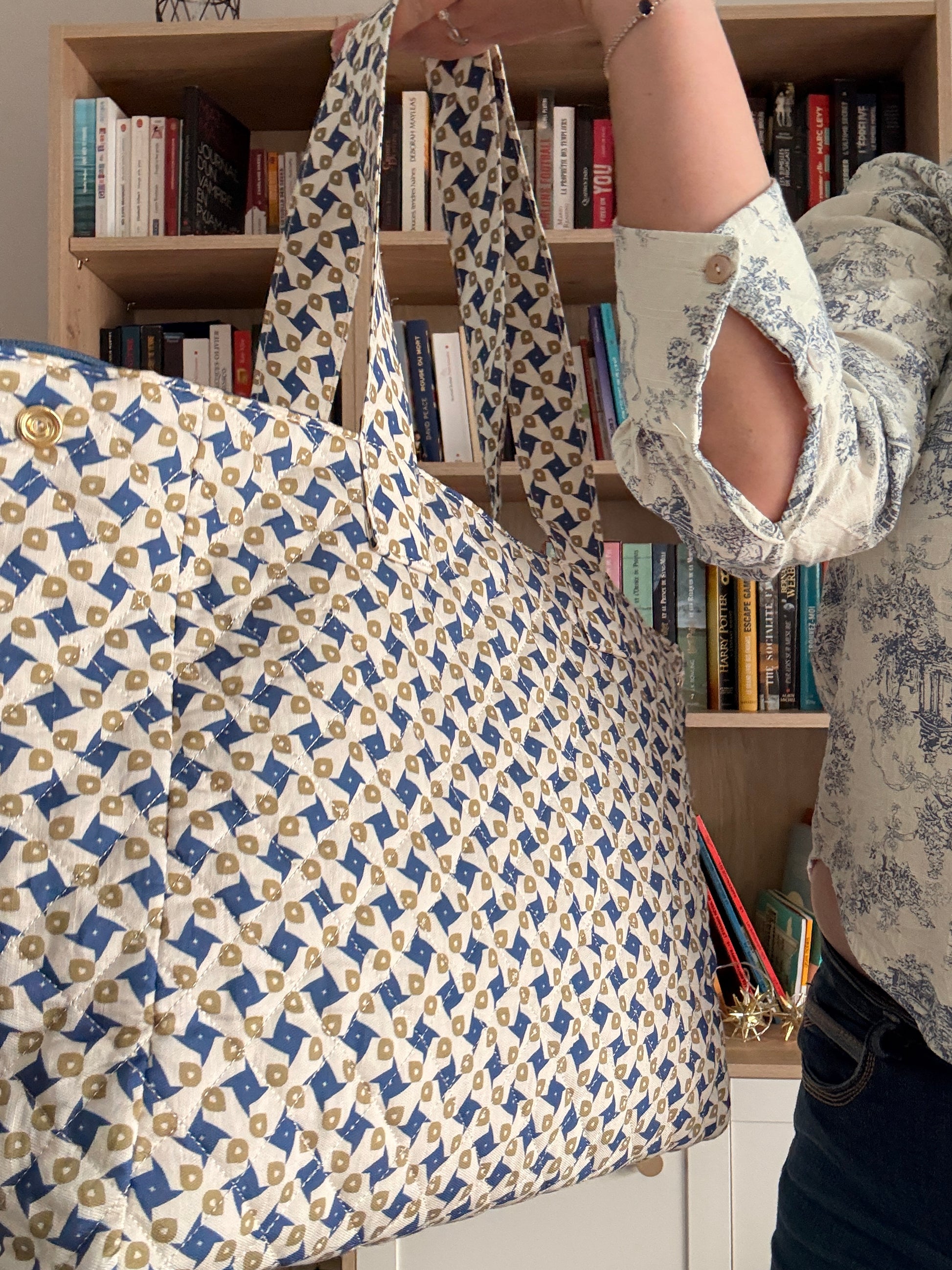 Sac Polochon Bleu Beige Motif Géométrique - Week-end Voyage