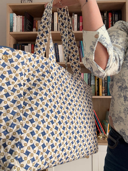 Sac Polochon Bleu Beige Motif Géométrique - Week-end Voyage