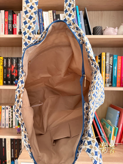 Sac Polochon Bleu Beige Motif Géométrique - Week-end Voyage