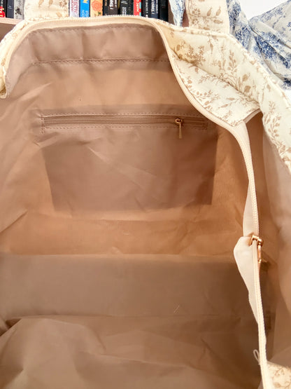 Sac Polochon Femme Écru Motif Floral Taupe - Coton Week-end Voyage