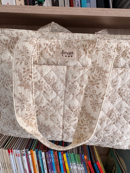 Sac Polochon Femme Écru Motif Floral Taupe - Coton Week-end Voyage