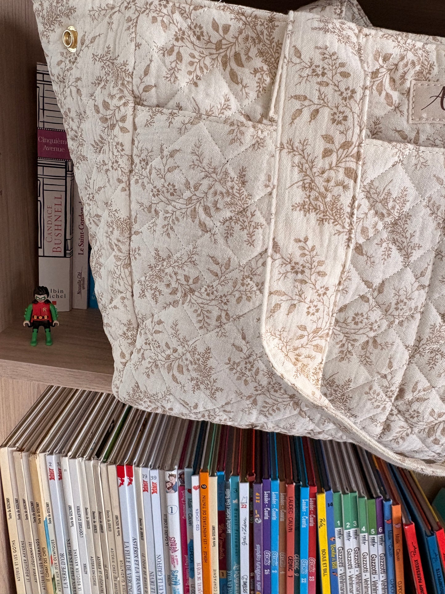 Sac Polochon Femme Écru Motif Floral Taupe - Coton Week-end Voyage