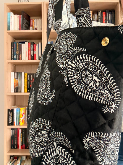 Sac Polochon Noir Motif Paisley Blanc - Week-end Voyage Femme