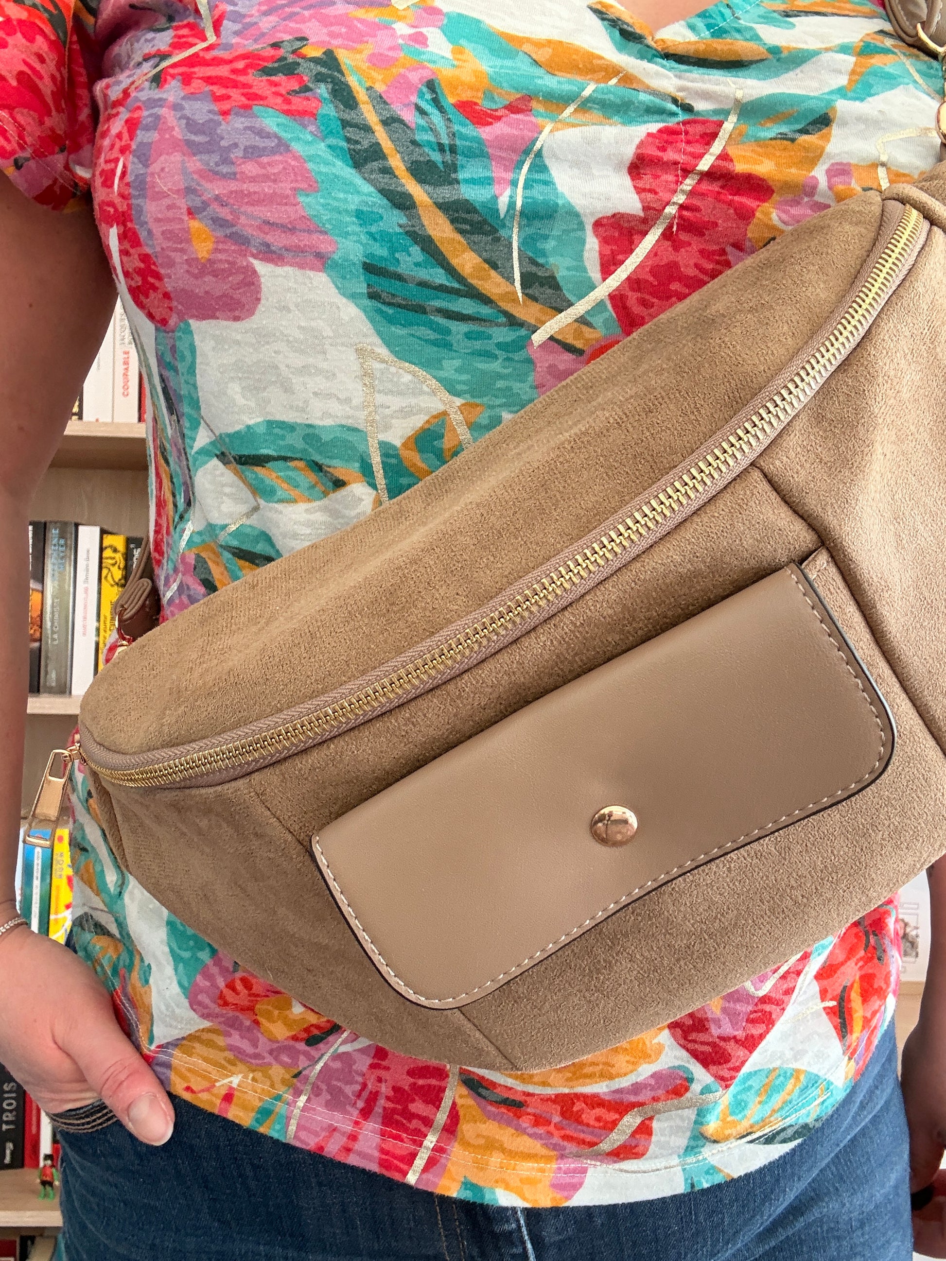 Sac Banane XL Effet Daim Beige Taupe