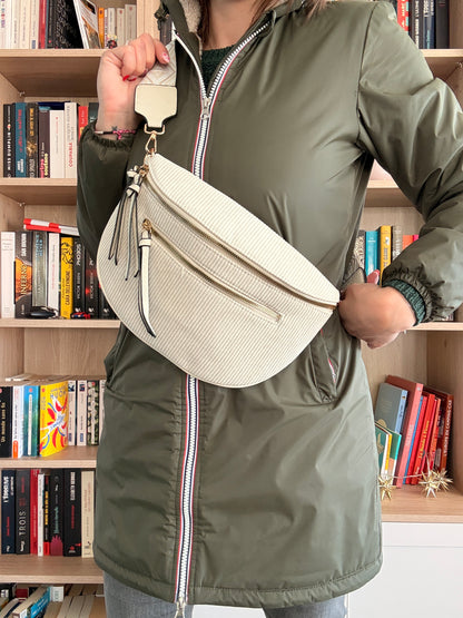 Sac banane beige écru détail fermeture éclair dorée