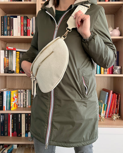 Sac banane velours côtelé beige double poche zippée