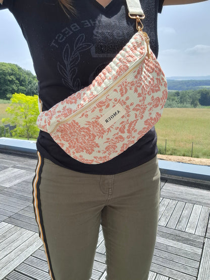 Sac banane coton matelassé blanc liberty fleuri corail creme
